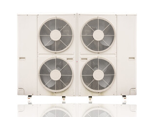 Air conditioner condenser system, condenser outdoor unit, fan close up that is isolated from a white background. - obrazy, fototapety, plakaty