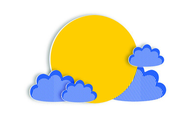 Big yellow sun with blue clouds in paper cut style. Modern clear weather forecast design. Horizontal white poster. vector