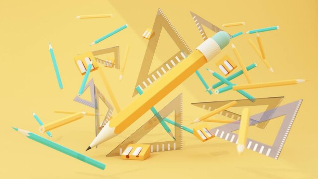 Back to school with school supplies and equipment. background and poster for back to school. lots of colored pencils along with a pencil sharpener and a ruler. 3d rendering animation loop