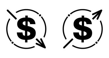 Set of cost symbol dollar increase and decrease icon. Money vector symbol isolated on background