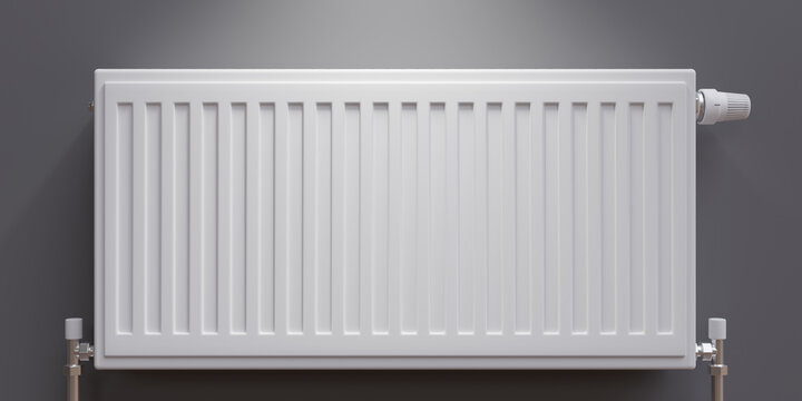 Gas heater, warm home. White radiator on grey wall, apartment heating installation system, 3d render