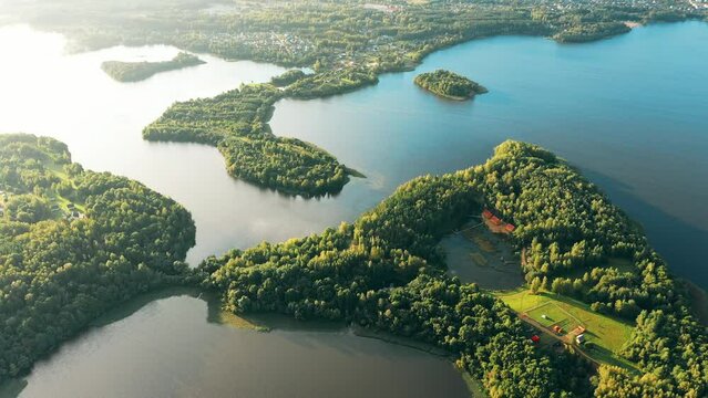 Novoe Lyadno, Beloozerny District, Vitebsk Region, Belarus. Aerial View Of Tourist Complex Pension Lode In Summer Sunny Day. Resort On Island Belarus In Pension Lode. Bird's Eye View Of Lepel Lake.