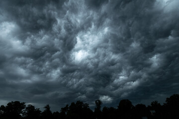 Dramatic dark clouds short before a thunderstorm and heavy rain over the silhouette of trees