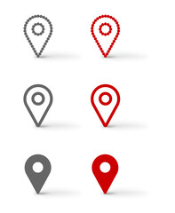 Gray and red location symbols. Map pin icon. Vector illustration.	