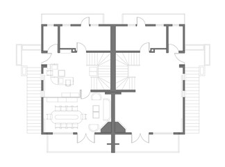 2d architectural drawing of an office plan. Furniture layout for entrance, secretary and meeting rooms.  Downstairs of a duplex building.  Monochrome image. 