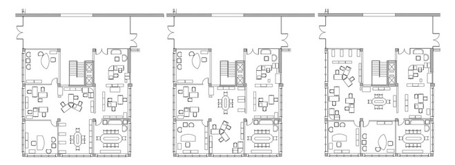 2d architectural drawings of a different office plans. Alternative space planning and furniture layout for the work areas. Monochrome image.