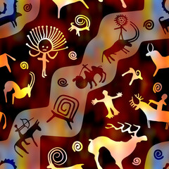 Petroglyphs, cave drawings, vector design, seamless pattern