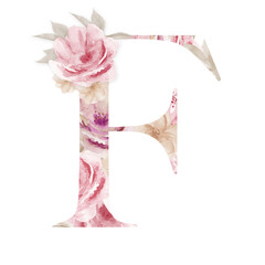 Floral Letter F Blooming Alphabet Design. Watercolour Font letter B isolated on white background.