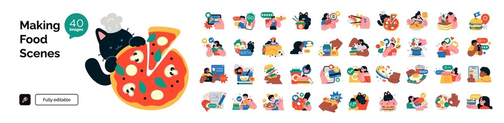 Set of illustrations related to food, cooking and delivery. Different scenes on the kitchen, kitchenware, and decorative elements. Vector illustration