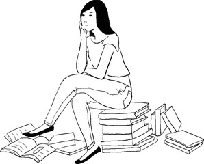 本の山　女性　考える　線画