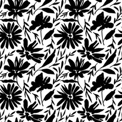 Wild flowers silhouettes vector seamless pattern. Camomile or daisy painted by brush. Small branches with leaves, stems with flowers. Abstract plant motif. Black brush painted floral ornament. 