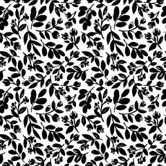 Seamless meadow plants vector pattern. Hand drawn brush painted branches. Black botanical ornament. Various silhouette branches with leaves and small flowers. Seamless background with bold leaves.