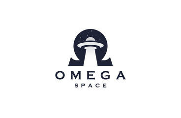 Omega symbol with ufo space shape logo icon design template flat vector illustration © SachyStd