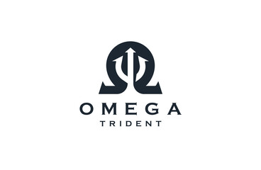 Omega symbol with trident shape logo icon design template flat vector illustration - obrazy, fototapety, plakaty