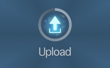 Illustriertes leuchtendes Upload Symbol in einem Ring der den Fortschritt zeigt mit Schriftzug vor einem dunkelblauen Hintergrund Datenübertragung, Hochladen, Internet, Netzwerk, Verbindung, Freigabe