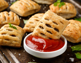 Mini beef patties with vegetables and red wine wrapped in puff pastry