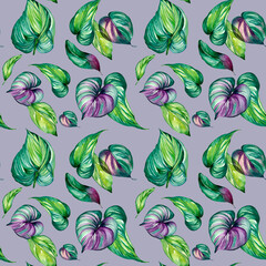Exotic green, pink leaves watercolor seamless pattern isolated.
