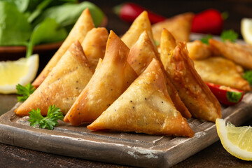 Fried samosas with vegetable filling, popular Indian snacks on wooden board