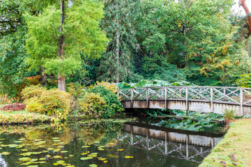 Fototapeta na wymiar Small wooden bridge over a water feature in Tatton Park, an historic estate in Cheshire, England.
