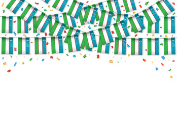 Obraz premium Uzbekistan flags garland white background with confetti, Hanging bunting for Independence Day celebration template banner, Vector illustration