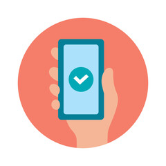 アイコン_スマホ_手_線無し_チェック_赤バック_丸