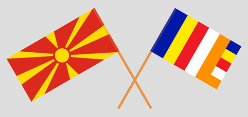 Crossed flags of North Macedonia and Buddhism. Official colors. Correct proportion