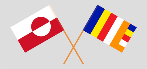 Crossed flags of Greenland and Buddhism. Official colors. Correct proportion