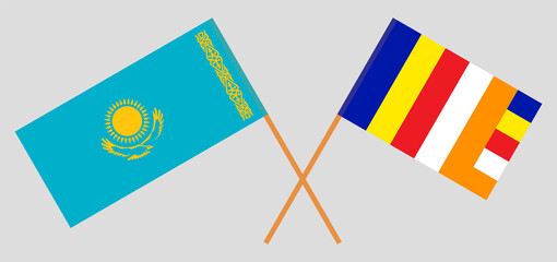 Crossed flags of Kazakhstan and Buddhism. Official colors. Correct proportion