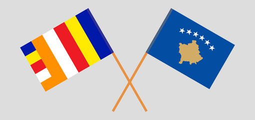Crossed flags of Buddhism and Kosovo. Official colors. Correct proportion