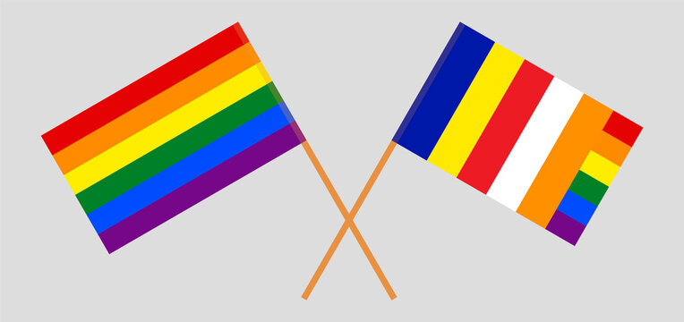 Crossed flags of LGBTQ and Buddhism. Official colors. Correct proportion