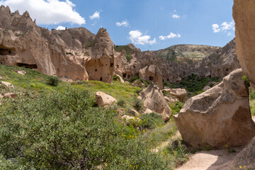 Landscape of the Red Valley of Cappadocia, with the volcanic mountains in the area and the blue sky...