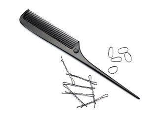 Black comb, hairpin and black silicone hair ties. Materials and tools of the hairdresser, the creation of hairstyles