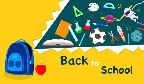 Back to school banner poster with copy-space , opening cute blue student bag and apple on peeling yellow wallpaper background that show colorful back to school items and elements supplies cartoon on b