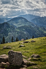 Fototapeta na wymiar Majestatyczna góra w pięknych chmurach, z cieniami, dolinami i drzewami oraz przedpolem ze skałami.