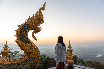Beautiful landscape sunrise view point at Wat Doi Prachan Mae Tha Temple, Thailand.