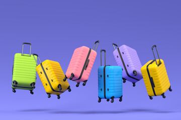 Colorful suitcase flying on blue background. 3D render of summer vacation