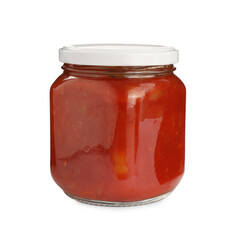 Glass jar of delicious canned lecho isolated on white