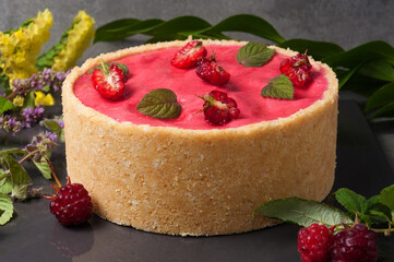 raspberry cake with raspberry mousse, yogurt mousse, decorated with shortbread dough
