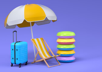 Colorful beach rings, chair, umbrellas and lugagge on blue background. © Vasyl Onyskiv
