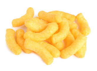 Many tasty cheesy corn puffs isolated on white