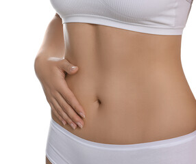 Woman in underwear touching her belly on white background, closeup. Healthy stomach