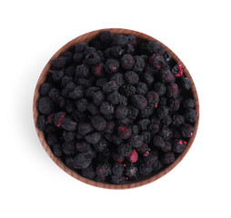 Freeze dried blueberries in bowl on white background, top view