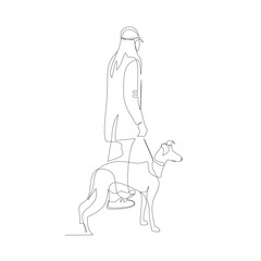 Vector illustration of a woman walking with a dog drawn in line-art style