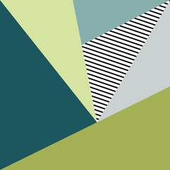 Abstract colorful geometric design with triangles and black and white stripes decoration in green, light blue, navy blue and turquoise colors
