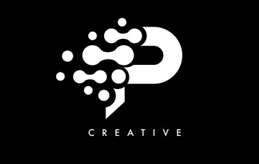 Letter P Dots Logo Design with Black and White Colors on Black Background Vector