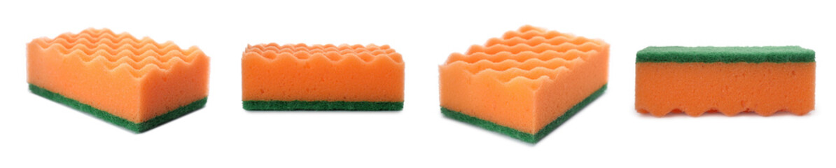 Set with cleaning sponges on white background. Banner design