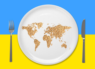 Global food crisis concept. World map made of wheat grains in plate and cutlery on background in...