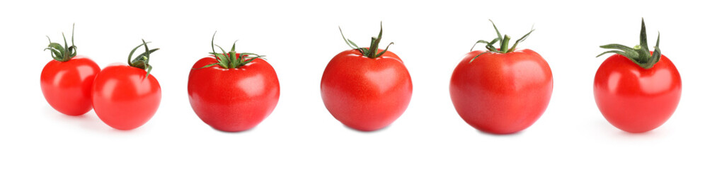 Set with tasty ripe cherry tomatoes on white background. Banner design