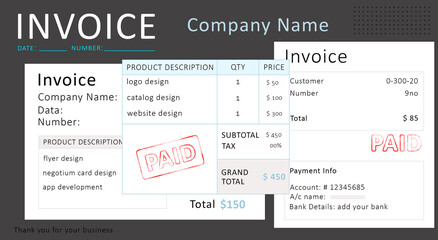 Invoices with stamp PAID and payment information. Illustration