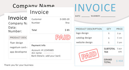 Invoices with stamp PAID and payment information. Illustration